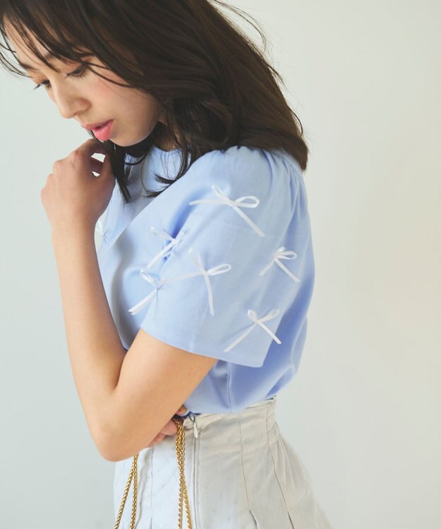 Feroux 【UVケア】ランダムリボンスリーブ Tシャツ スカイブルー系