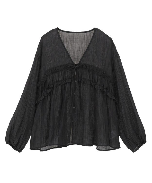 Green Parks Ｖネックフリルシアープリーツブラウス Black