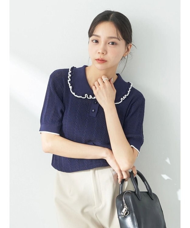 earth music&ecology フリルニットポロ Navy