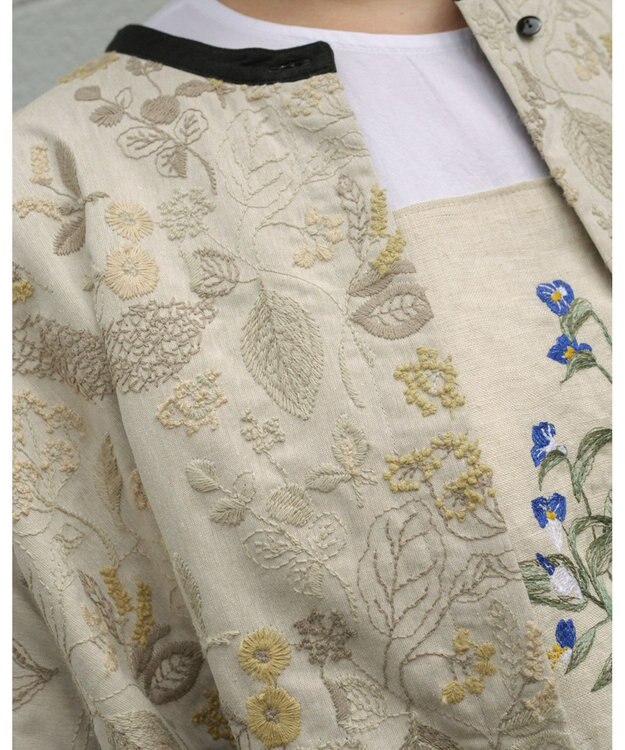 muuc 筆記帳刺繍ヨーク切り替えワンピース〈国産・muucオリジナル総柄刺繍〉〈オーガニック綿〉〈前開き・羽織にも〉〈3シーズン春夏秋〉 ベージュ