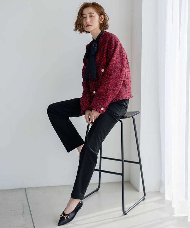 23区 【洗える】ライトメモリータフタ ボリュームボウタイ ブラウス ネイビー系