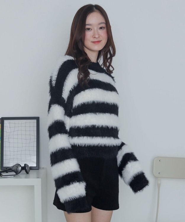 WEGO シャギーニットプルオーバー ホワイトボーダー