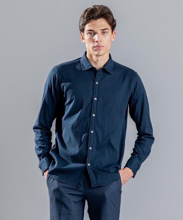 JOSEPH HOMME オーナメントジャガードストレッチ　レギュラーカラーシャツ ピーコックグリーン系