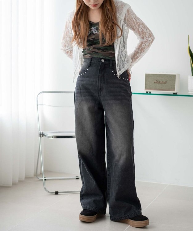 WEGO 【SMサイズ展開】ロゴデニムバギーパンツ デニムブラック