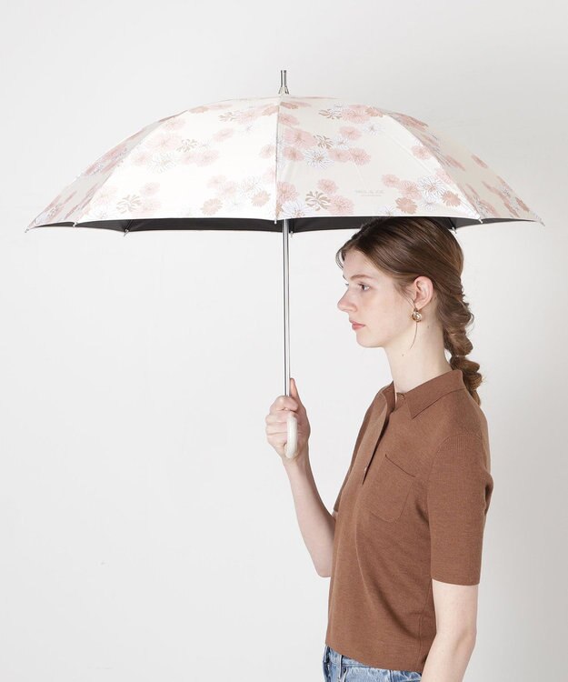 MOONBAT 【一級遮光/軽量】PAUL & JOE 晴雨兼用 日傘 長傘 総柄クリザンテーム 遮熱 UV ホワイト