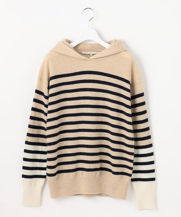 自由区 【洗える】ピュアカシミヤミルド フーディーニット ベージュボーダー