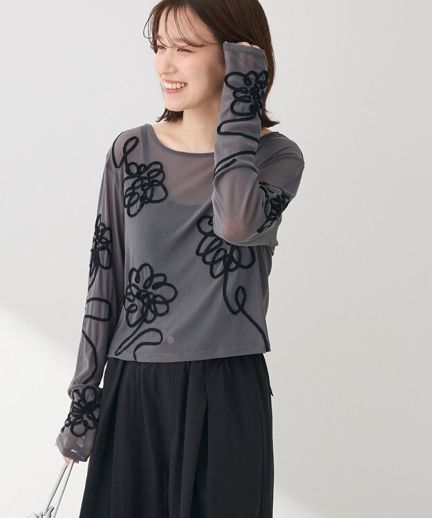 Green Parks ・ＥＬＥＮＣＡＲＥ　ＤＵＥ　コード刺繍シアーロンＴ Charcoal Gray