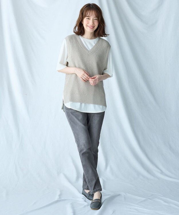 ANY Vネックラメニットベスト ライトベージュ×シルバーラメ