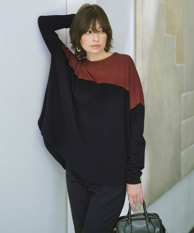 ICB 【洗える】ヴィスコースワイド プルオーバー マホガニー×ブラック系