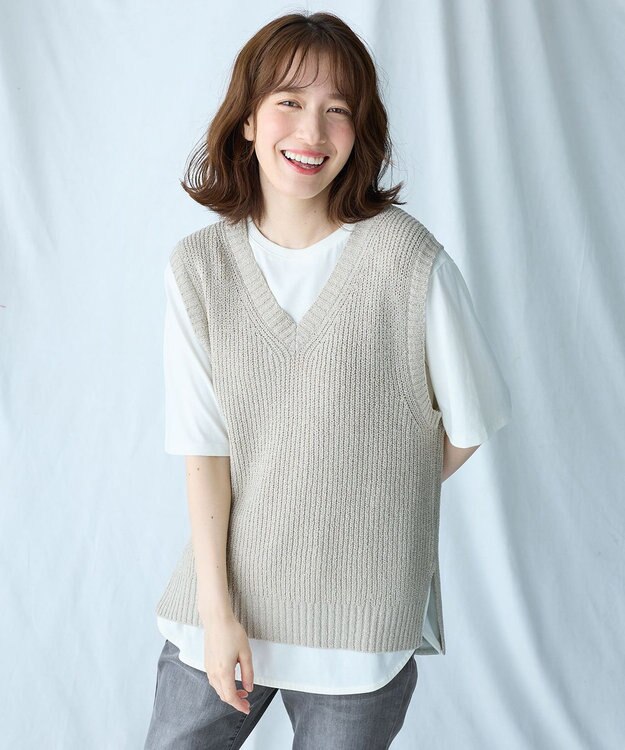ANY Vネックラメニットベスト ライトベージュ×シルバーラメ