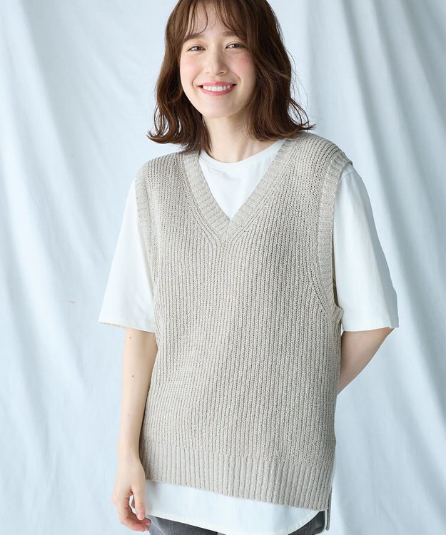 ANY Vネックラメニットベスト ライトベージュ×シルバーラメ