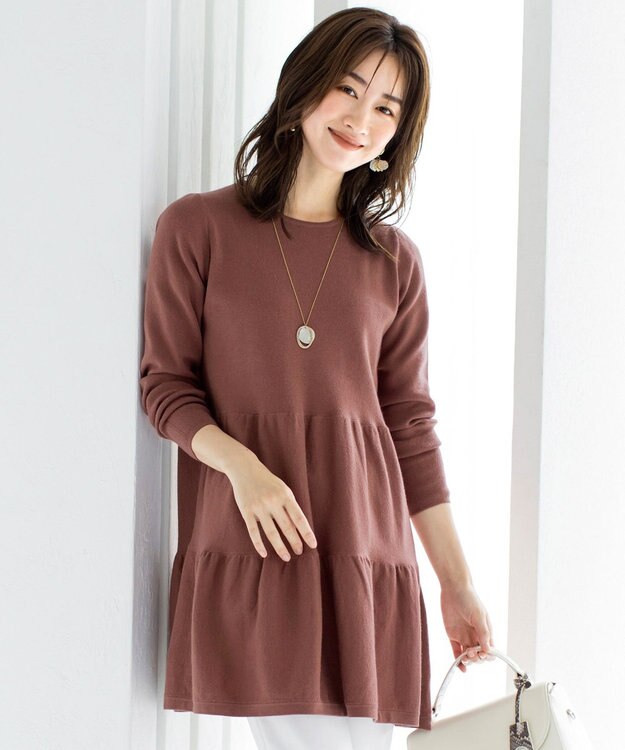 Tiaclasse L 【洗える】大人華やぐ2段ティアードニットチュニック ピンク