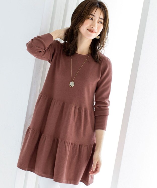 Tiaclasse L 【洗える】大人華やぐ2段ティアードニットチュニック ピンク