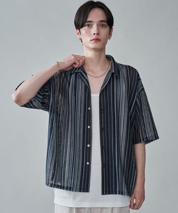 WEGO ストライプメッシュBIGシャツ（SS） ブラック中濃色