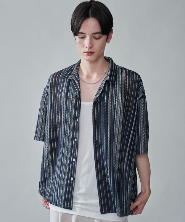 WEGO ストライプメッシュBIGシャツ（SS） ブラック中濃色