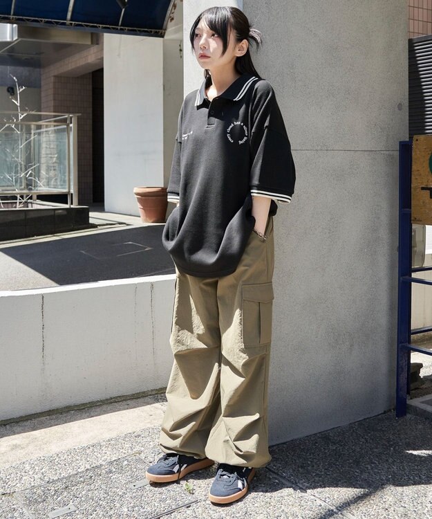 WEGO 【ユニセックス着用ITEM/MLサイズ展開】ワッフルラインポロ ブラック