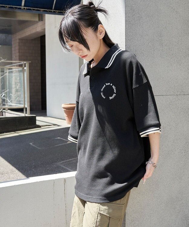 WEGO 【ユニセックス着用ITEM/MLサイズ展開】ワッフルラインポロ ブラック