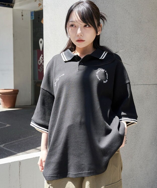 WEGO 【ユニセックス着用ITEM/MLサイズ展開】ワッフルラインポロ ブラック