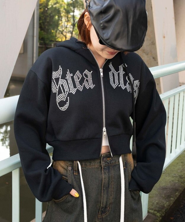 WEGO 【裏起毛】ラインストーン裏起毛ショートジップパーカー ブラック