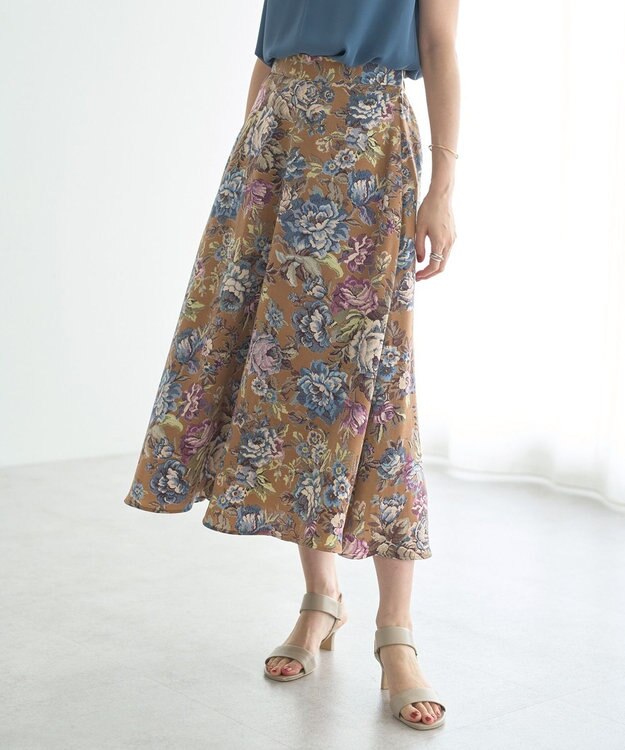 YECCA VECCA ゴブラン柄フレアスカート Camel