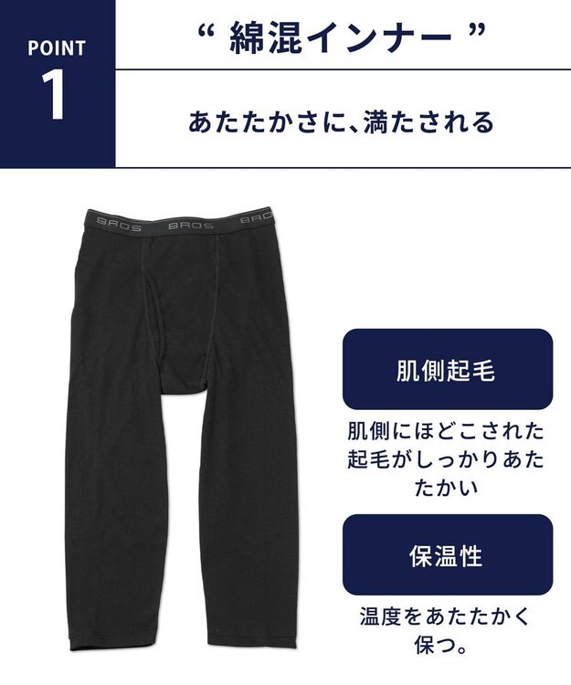 WACOAL MEN 綿混インナー ボトム ひざ下丈 しっかりあたたかい 保温性 肌側起毛 ストレッチ素材 前開き メンズ GS6020 /ブロス ブラック