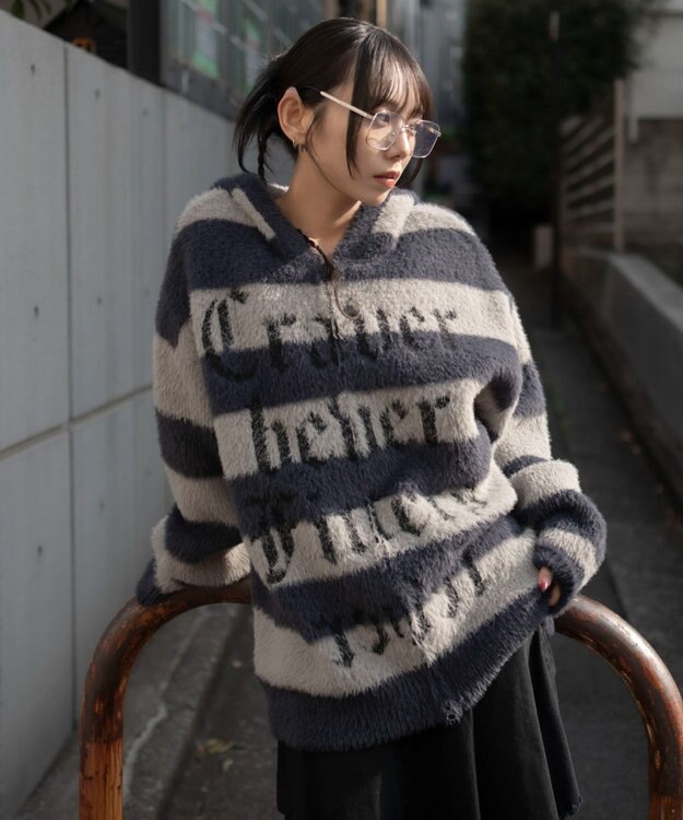 WEGO シャギーグラフィックZIPパーカー グレーボーダー