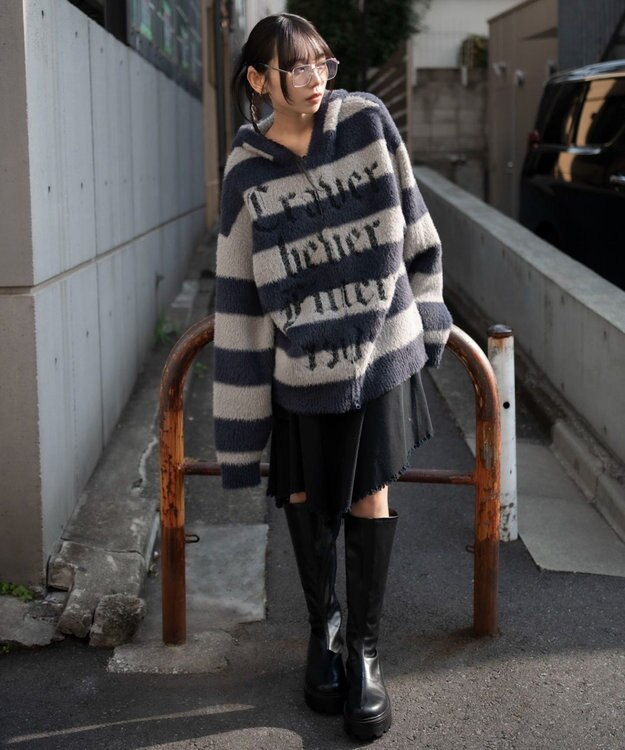 WEGO シャギーグラフィックZIPパーカー グレーボーダー