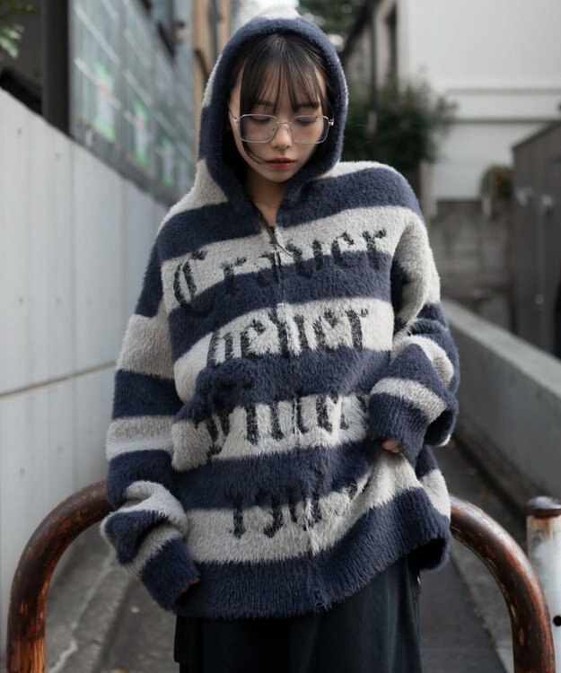 WEGO シャギーグラフィックZIPパーカー グレーボーダー