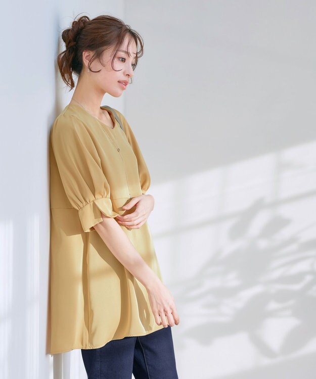 Tiaclasse 【洗える】パフスリーブ切替フレアチュニック イエロー