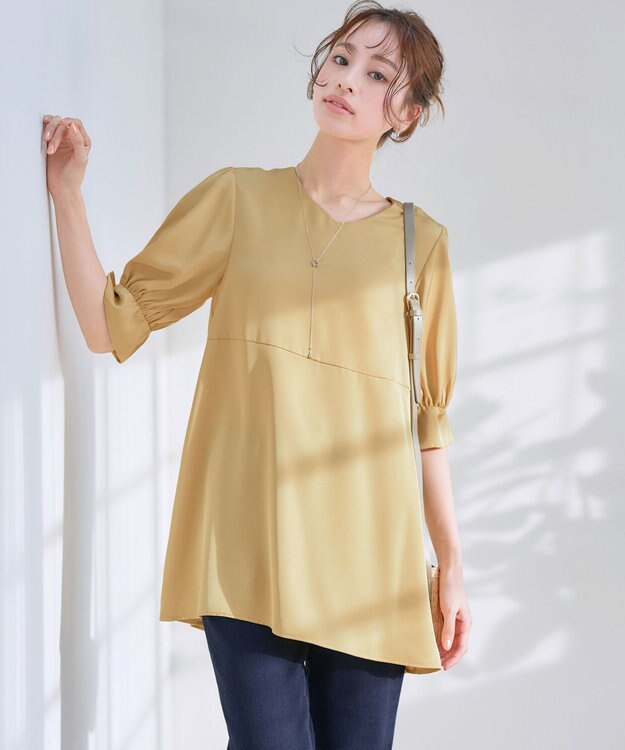 Tiaclasse L 【洗える】パフスリーブ切替フレアチュニック イエロー