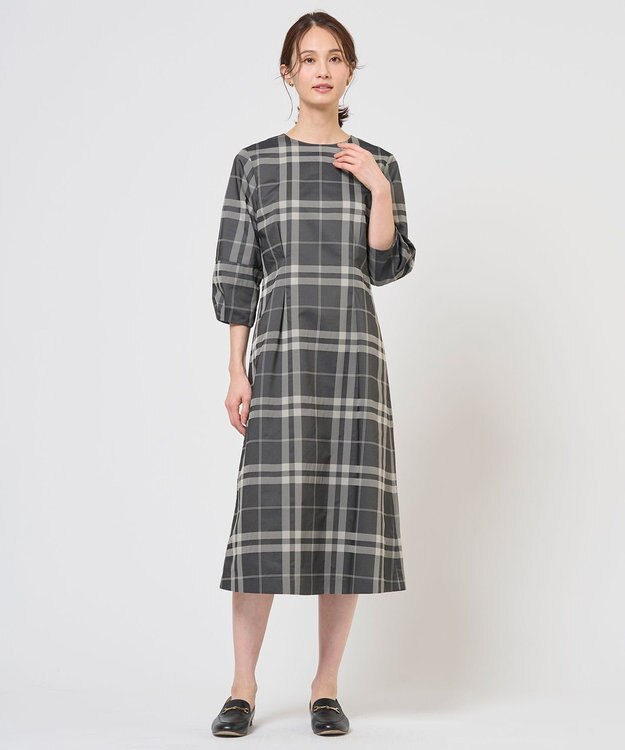 J.PRESS LADIES L ブロックチェックジャガード ワンピース ブラック×ベージュ系