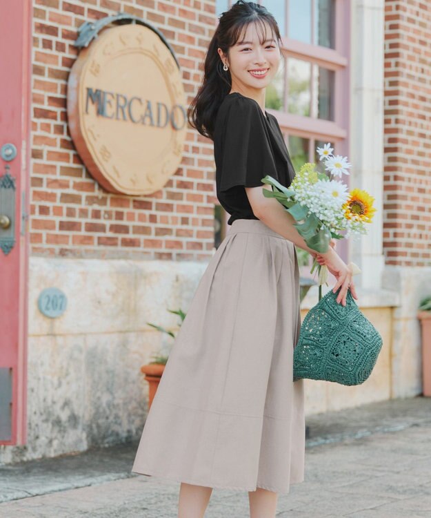 Tiaclasse 【新色追加・選べる丈】麻調タックフレアスカート 膝丈グレージュ