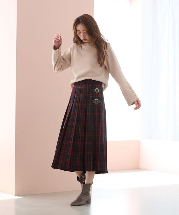 ANY L 【手洗い/ウエストゴム】チェック柄フリンジプリーツスカート レッド