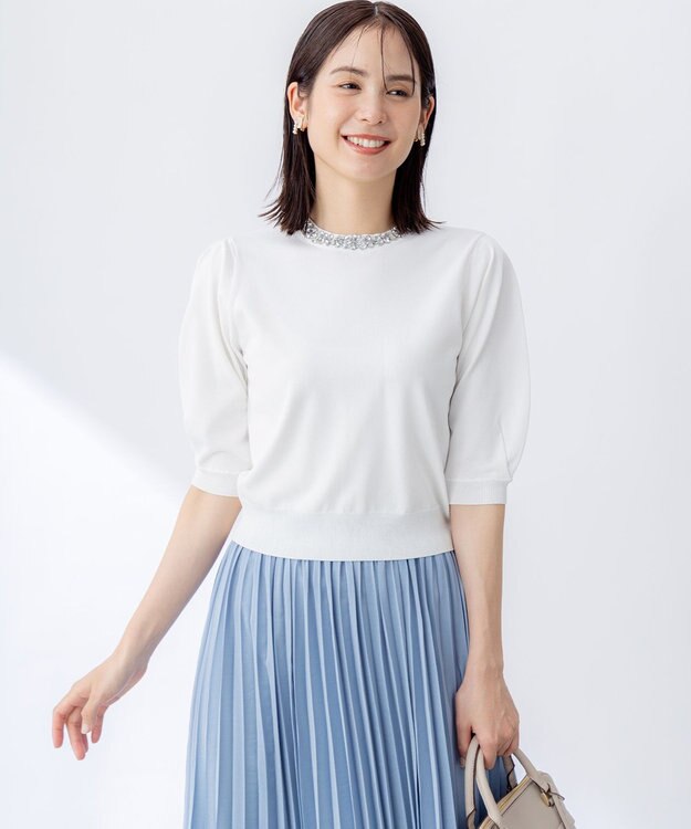 組曲 S 【WEB限定】ビジューパフスリーブ ニット アイボリー系