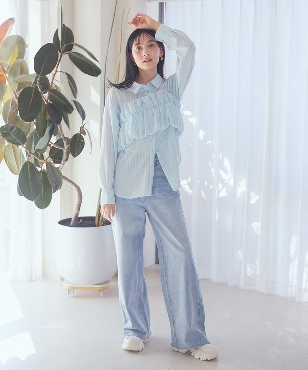 earth music&ecology ＳＥＴ２点起毛ストライプシャツ＋バルーンビスチェ Blue
