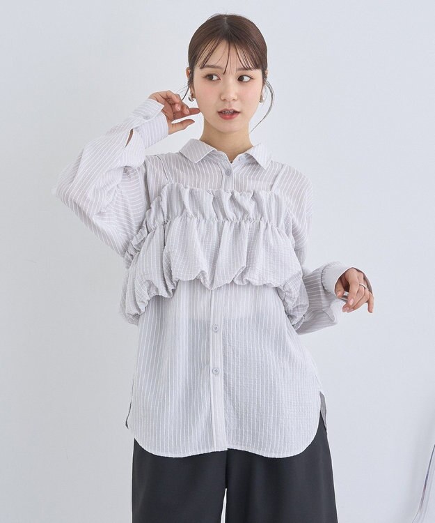 earth music&ecology ＳＥＴ２点起毛ストライプシャツ＋バルーンビスチェ Light Gray