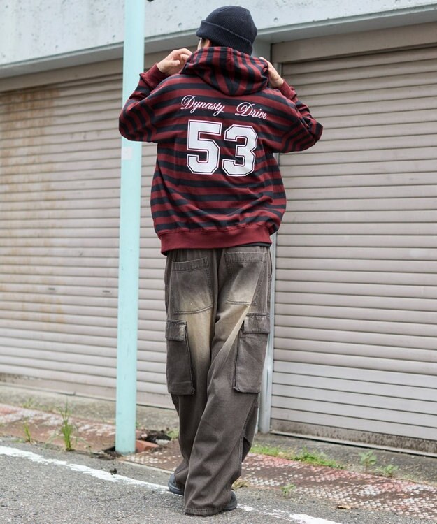 WEGO 【ユニセックスITEM/MLサイズ展開】ナンバリングカットZIPパーカー レッドボーダー