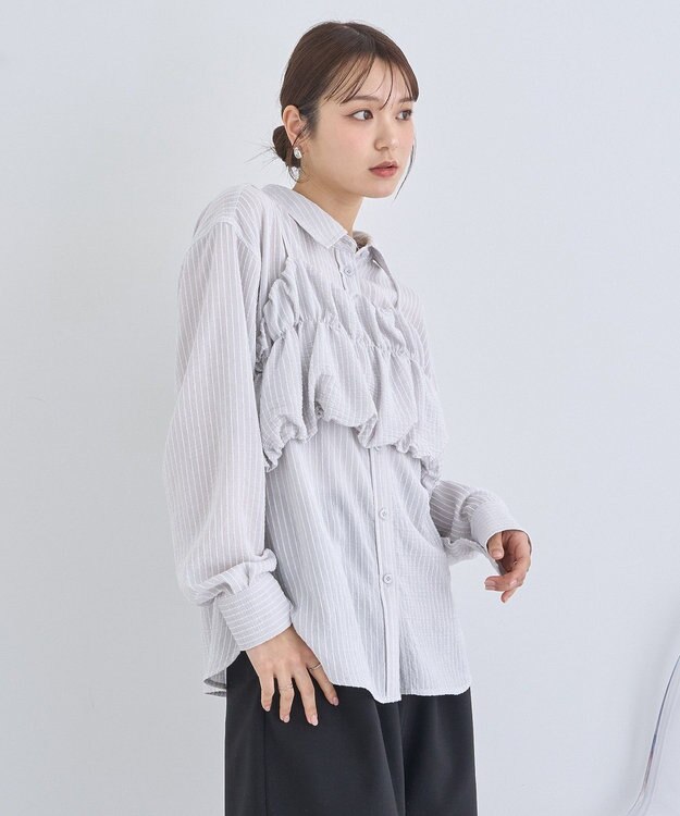 earth music&ecology ＳＥＴ２点起毛ストライプシャツ＋バルーンビスチェ Light Gray