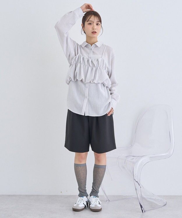 earth music&ecology ＳＥＴ２点起毛ストライプシャツ＋バルーンビスチェ Light Gray