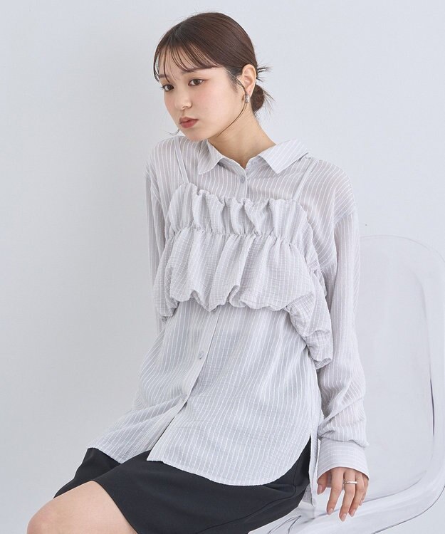 earth music&ecology ＳＥＴ２点起毛ストライプシャツ＋バルーンビスチェ Light Gray