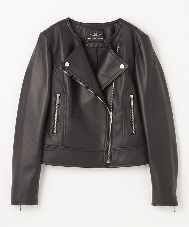 GRACE CONTINENTAL ノーカラーレザーライダースジャケット ブラック