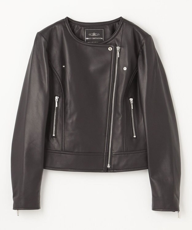 GRACE CONTINENTAL ノーカラーレザーライダースジャケット ブラック