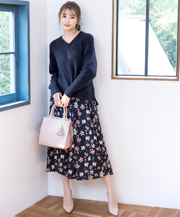 Tiaclasse L 【洗える】Vネック起毛ニットトップス ネイビー