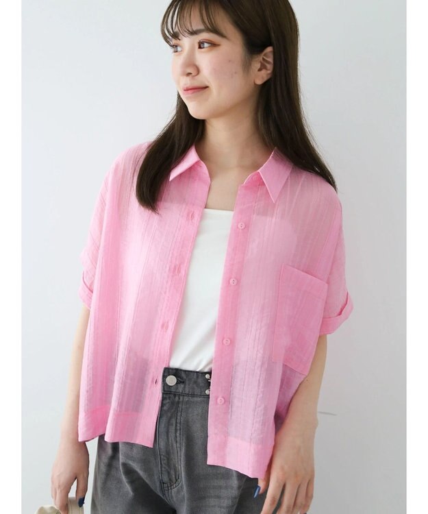 Green Parks シアーストライプショート丈シャツ Pink