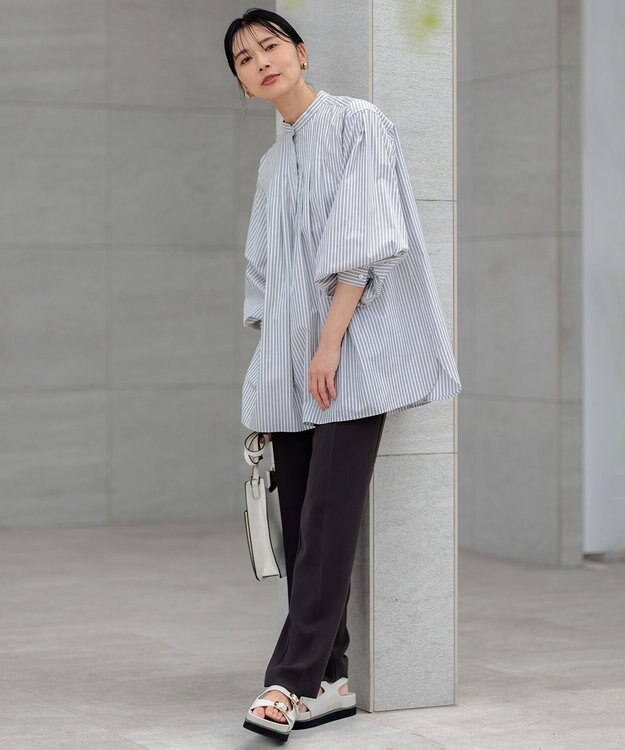 23区 【洗える】CANCLINI ボリュームデザイン ブラウス ダークブラウンストライプ