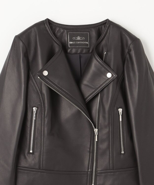 GRACE CONTINENTAL ノーカラーレザーライダースジャケット ブラック