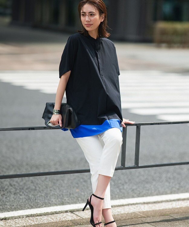 ICB L 【接触冷感・UVカット・洗える】 RENUソフトタイプライター ブラウス ブラック×ブルー系