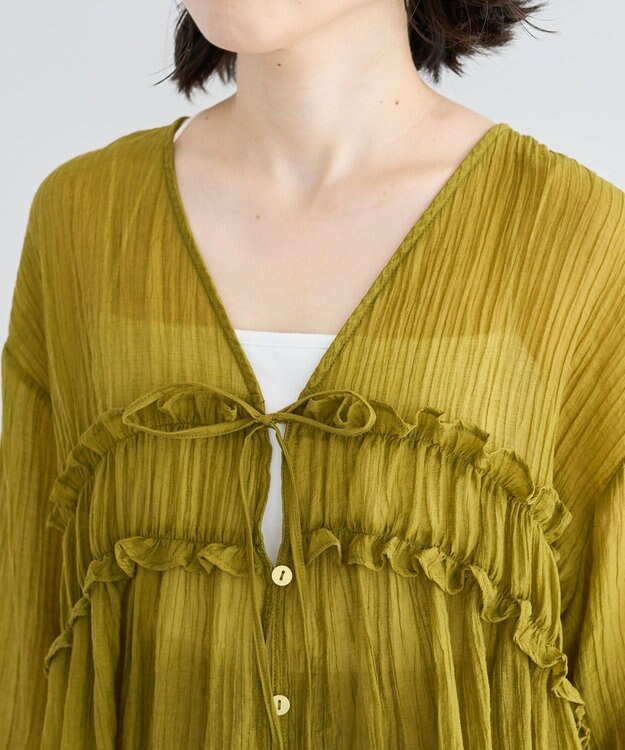 Green Parks Ｖネックフリルシアープリーツブラウス Green