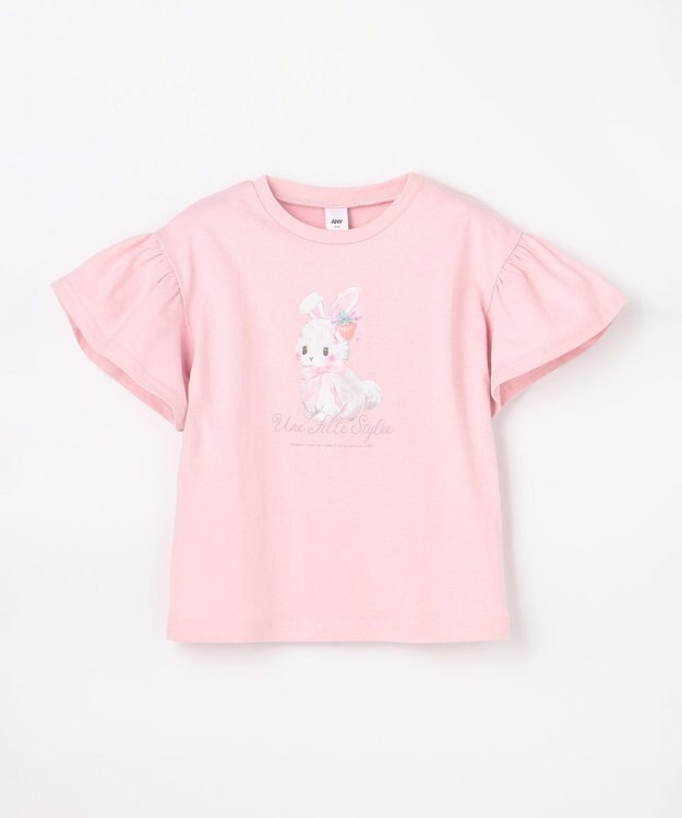 ANY KIDS 【綿100%】ドロップショルダー アニマルプリントTシャツ ピンク×ウサギ