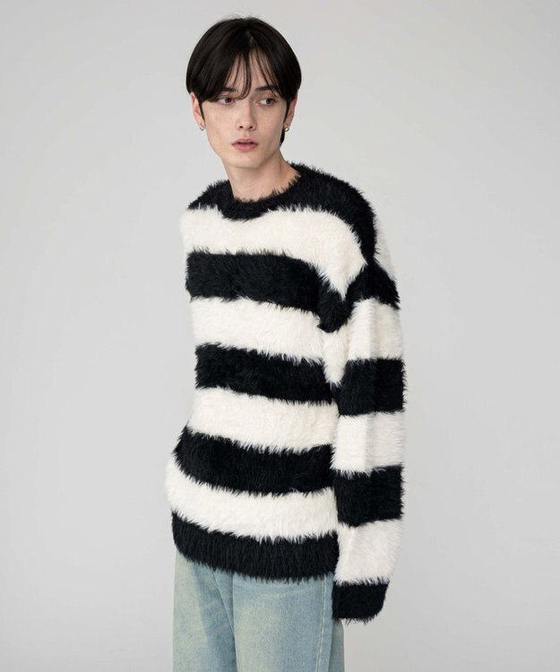 WEGO 【2025秋冬新作/ユニセックス着用ITEM/MLサイズ展開】フェザーニットプルオーバー ホワイトボーダー